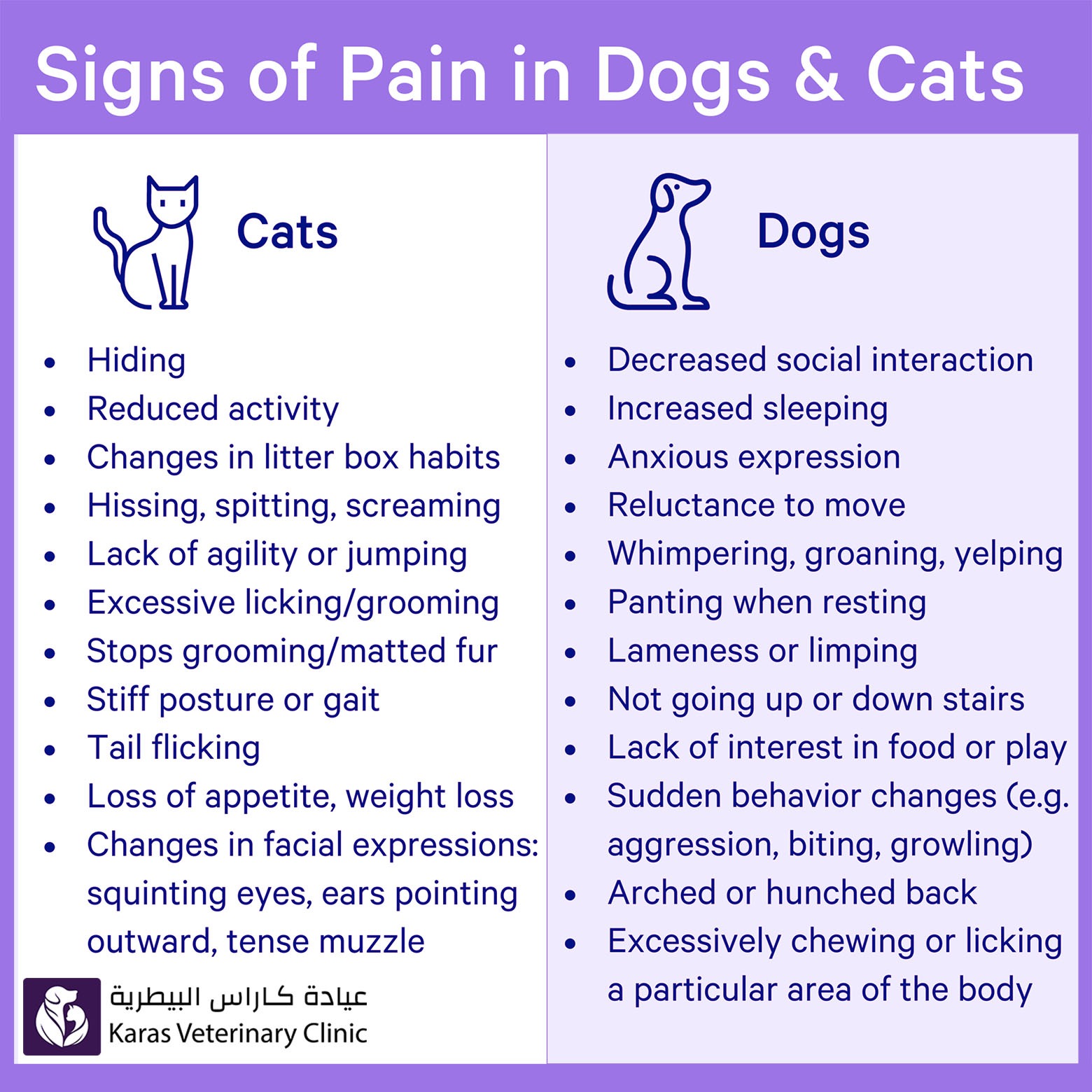 Signs of pain in dogs and cats